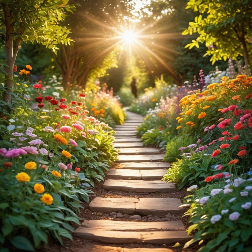 A serene pathway through a blooming garden symbolizing hope, lined with diverse individuals supporting each other. Empowering quotes about awareness and advocacy are subtly integrated in the foliage. A radiant sun setting in the background, casting warm light on the scene. super-realistic. vibrant colors. soft focus.