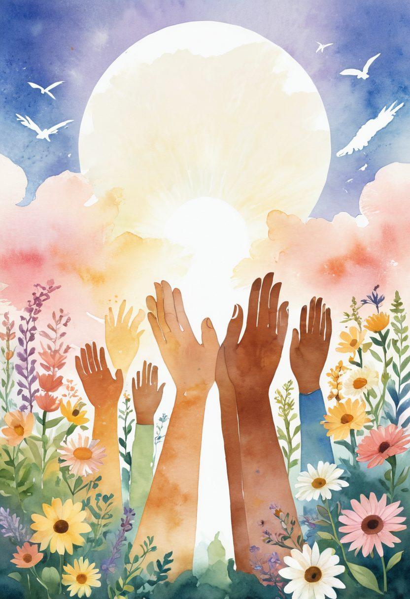 A serene illustration of a diverse group of people united in a gentle embrace, surrounded by symbols of hope such as blooming flowers, a radiant sun, and supportive hands reaching out. In the background, a winding path leading towards a horizon of healing and wellness, symbolizing the journey from diagnosis to recovery. The atmosphere conveys warmth, solidarity, and resilience. soft watercolor style. vibrant colors. uplifting vibe.