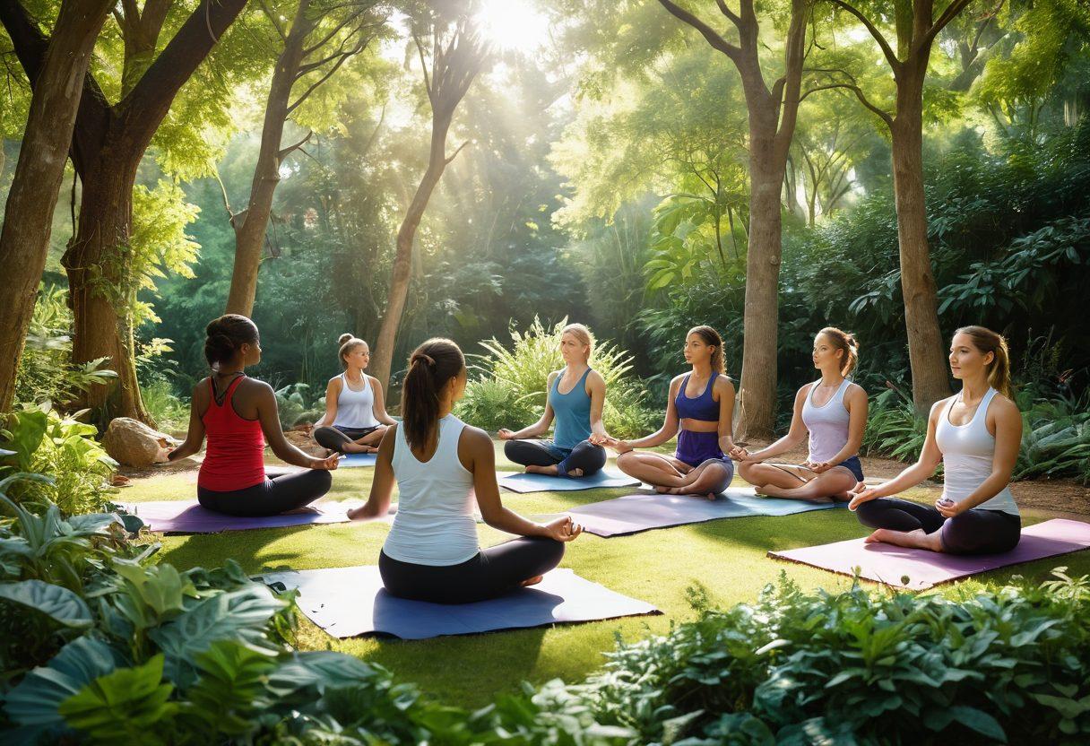 A serene and vibrant scene depicting a diverse group of individuals engaging in supportive activities, such as yoga and meditation, set in a lush healing garden. Include elements representing holistic health like herbal plants and sunlight streaming through trees, along with symbols of community like hands joining together. Capture an atmosphere of hope, wellness, and unity. super-realistic. vibrant colors.
